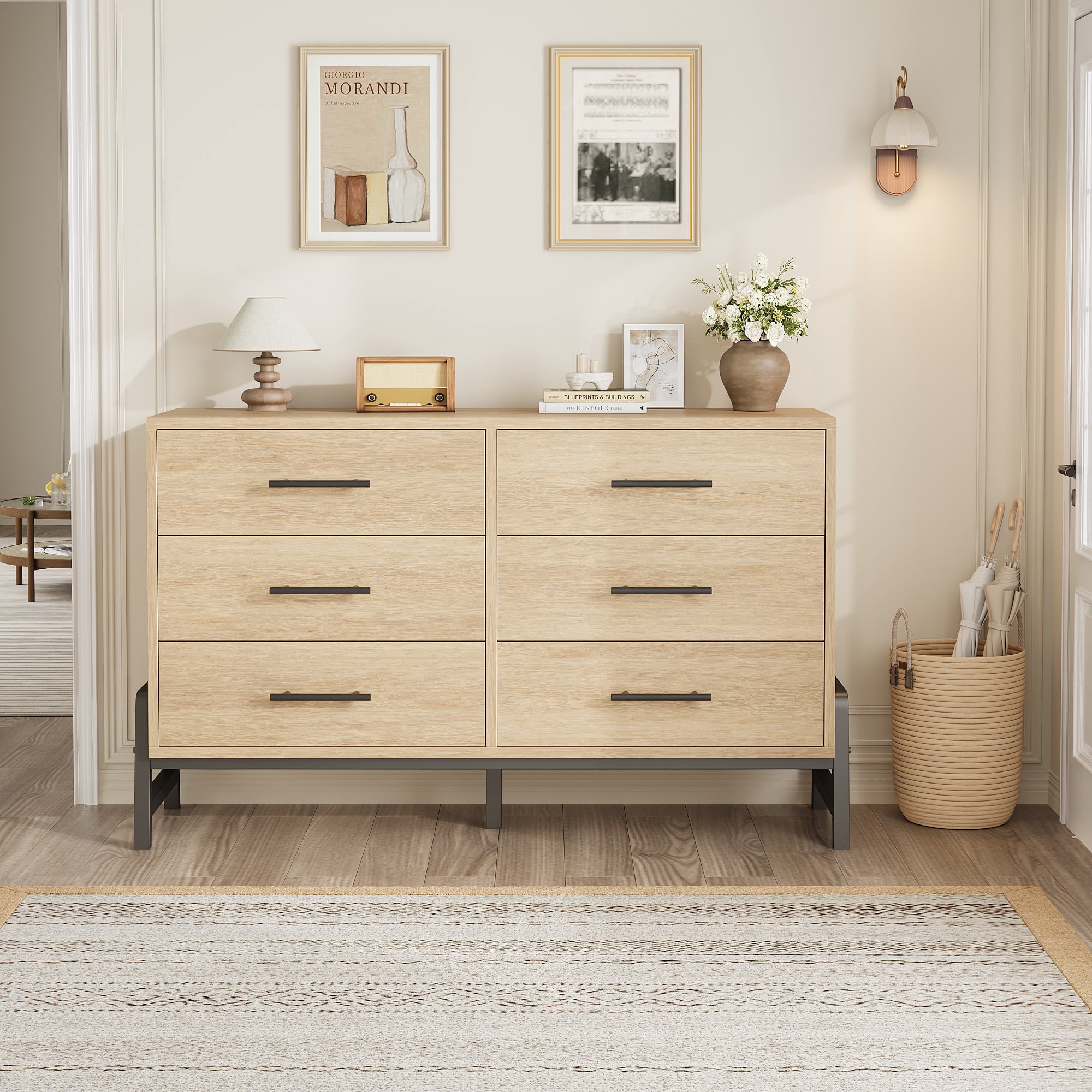 Wooden Dresser 6 Drawer - Mid Century Style Storage Chest with Handles ...