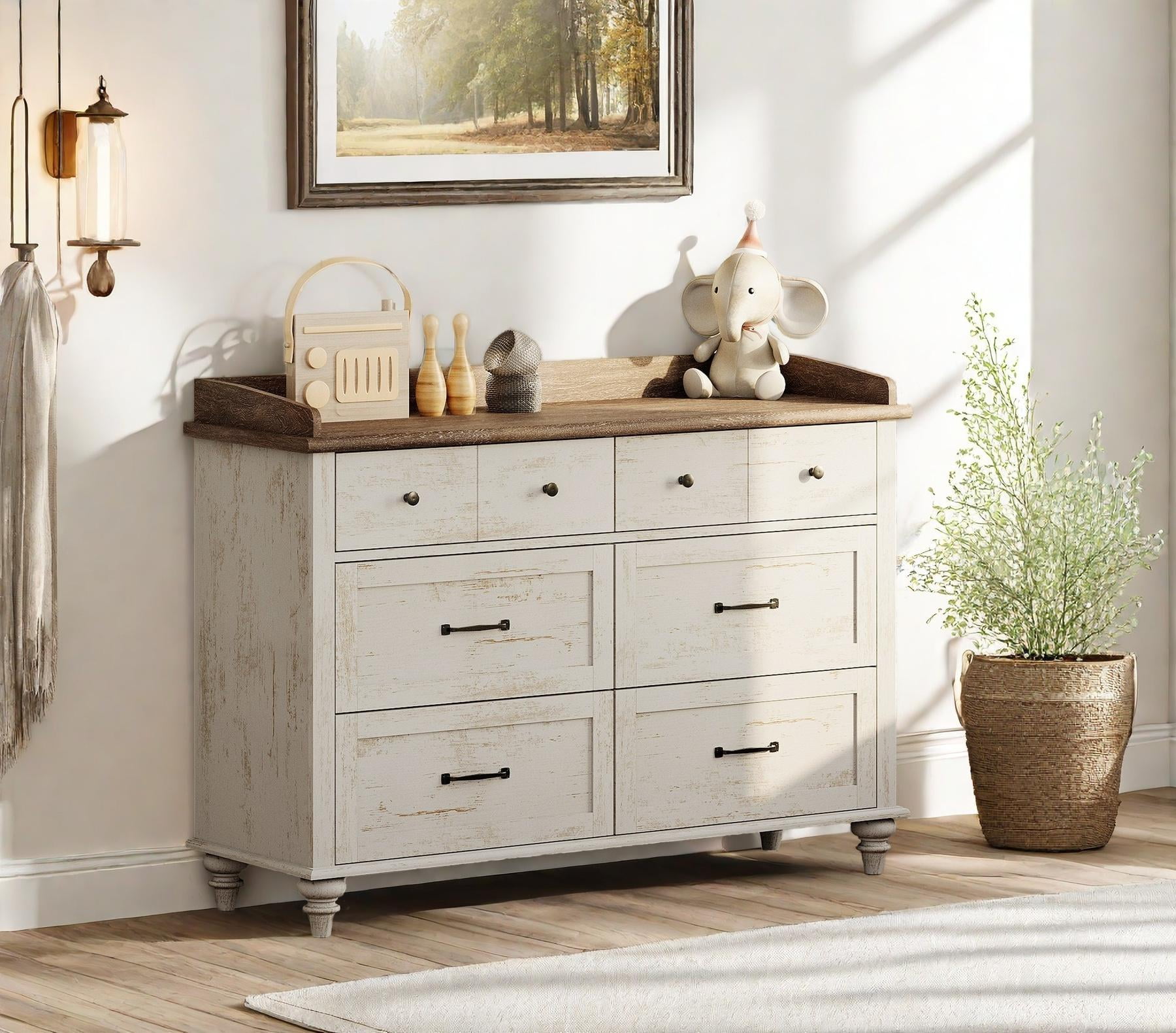 Wooden Dresser Rustic White with 6-Drawer Vanity Cabinet, Modern Farmhouse for Bedroom, Living Room, Entryway