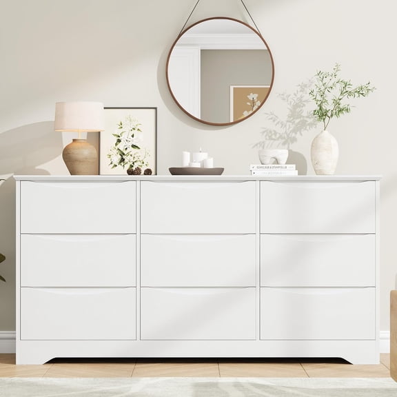 Wooden Dresser with 9 Drawers, Tall Closet with Deep Storage, Large Chest of Drawers with Wide Top, Long Storage Dresser for Bedroom, Living Room