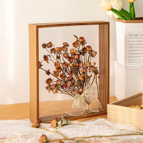 Wooden Dried Flower Photo Frame Display Stand Decorative Floating Frame,Double Sided Plexiglass Shadow Box Picture Frame,for Flowers,Handicrafts (Walnut color-8x12)