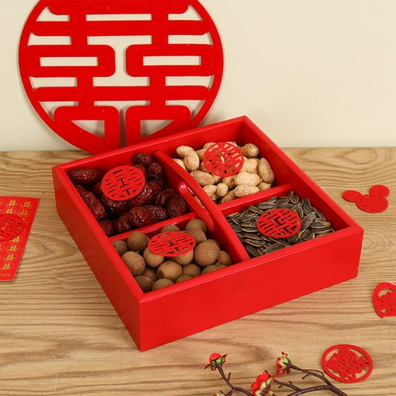 Wooden Dried Fruit Box, Four Compartment Handheld Design, Suitable for Wedding Decoration Storage, Natural Material Adds Traditional Warmth to Events