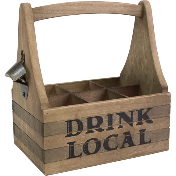 Wooden Drink Local Beer Caddy with Handle and Metal Bottle Opener, Large, Brown