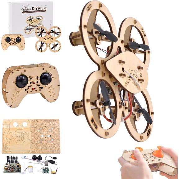Wooden Drone Model Kit, DIY Wooden Building Blocks Flying Toys Assembled Kit, Remote Control Mini Quadcopters, Creative Building Model for Teens & Adults to Assemble and Fly