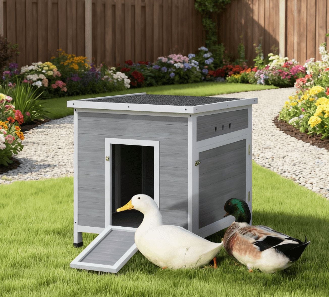 Wooden Duck House with Openable Roof Cage, Removable Floor, Double Doors, 25" x 32" x 30"