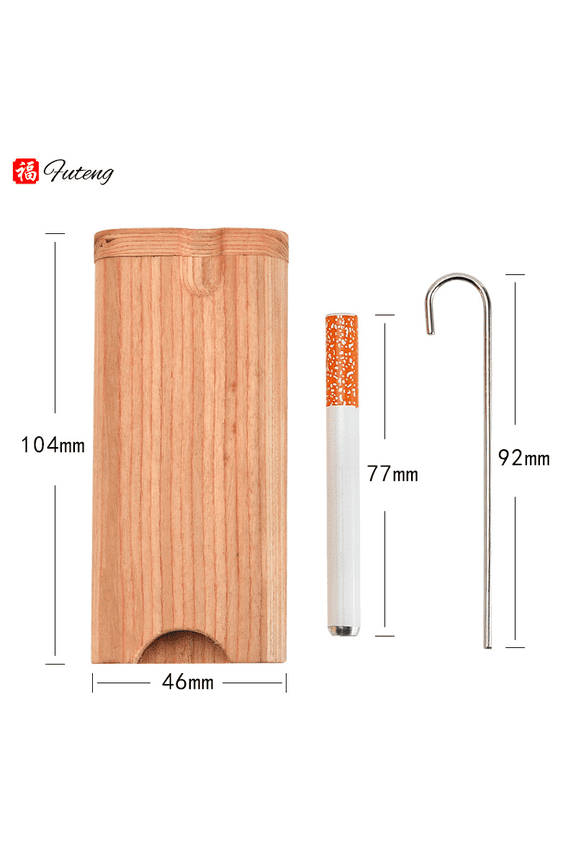 Wooden Dugout Solid Wood Cigarette Case and Smoking Set, Cigarettes Container with Ceramic Cleaning Hooks, Cigarette Container Set, Natural Wood Color