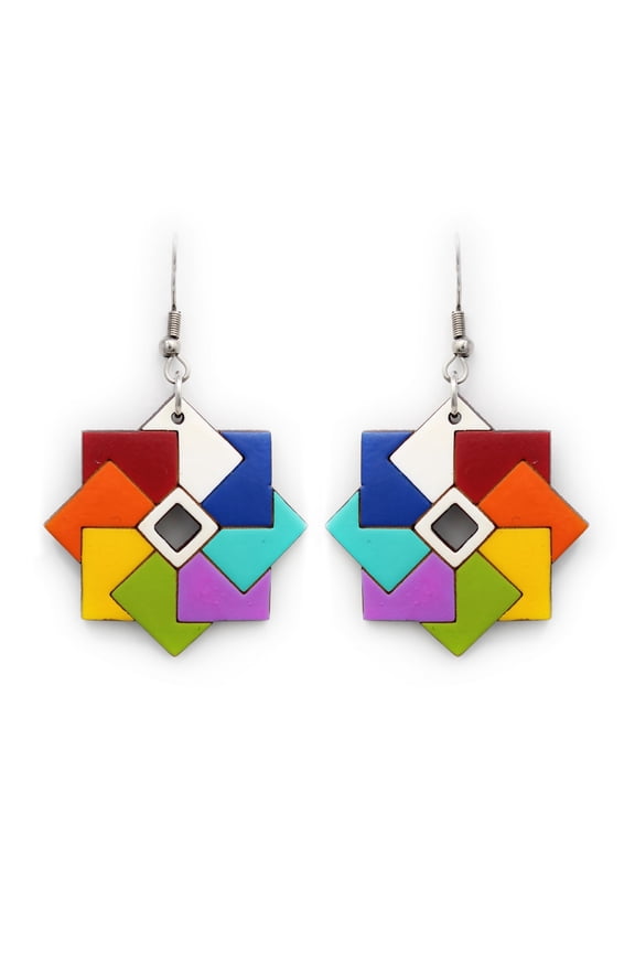 Wooden Earrings, Multicolor Squares, Handmade Fairtrade, Lightweight by Florama Natural Jewelry