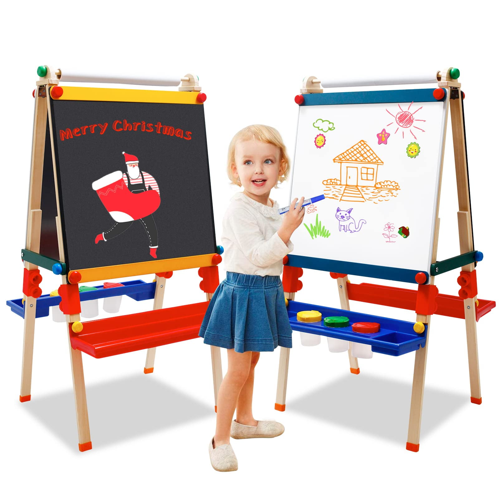 Wooden Easels for Kids with Paper Roll Double-sided Board Dry Erase ...