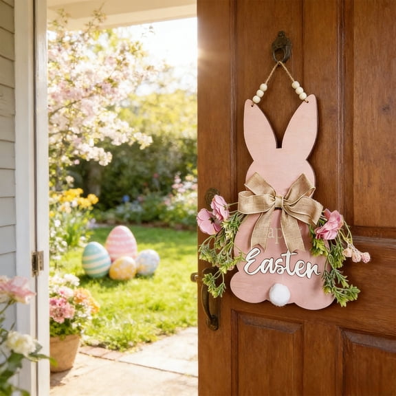 Wooden Easter Bunny Door Hanger - Pink Rabbit Wall Decor with Flowers, Bow & Beads, Spring Front Door Decoration for Home, Festive Easter Hanging Sign, 17.71*13.77in, Pink