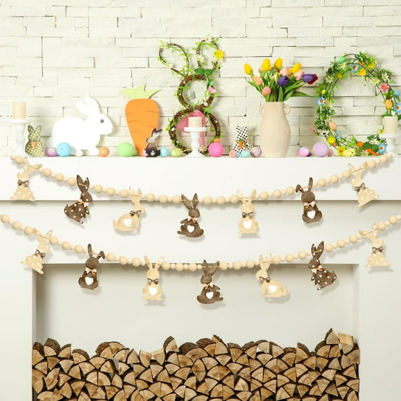 Wooden Easter Bunny Hanging Garlands, Beaded Rabbit Ornament Strands with Heart & Polka-Dot Accents, Rustic Fireplace Swags for Home Spring decor, Easter Party Displays, Mantel