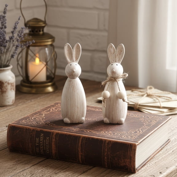 Wooden Easter Bunny Lifelike Animal Sculpture Ornament Vintage Tale Gift Easter Bunny Figurines – Rabbit Statues for Spring Home Table Decor – Vintage Easter Decoration