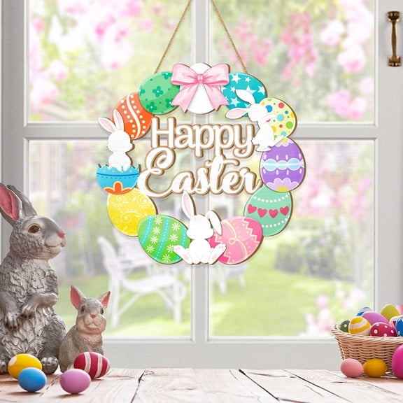 Wooden Easter Bunny Wreath Door Sign - Hanging Rabbit & Egg Decoration for Front Door, Wall, or Window, Spring Indoor/Outdoor Home Decor