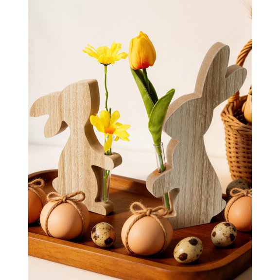 Wooden Easter Dec Bunny Flower Vase Set of 2, Rustic Rabbit Decor with Test Tube, Easter Centerpieces for Tables, Spring Home Decor Gifts