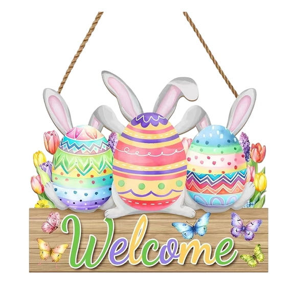 Wooden Easter Decoration Door Wreath for Front Door Sign Wall Signs Rabbit Spring Decoration, Bunny Sign Flower Egg Welcome Hanging for Home Wall Decor Party Outdoor indoor Supply Happy Easter