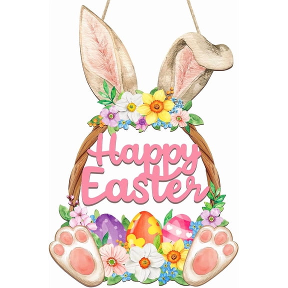Wooden Easter Decoration Door Wreath for Front Door Sign Wall Signs Rabbit Spring Decoration, Hollow Bunny Sign Flower Egg Welcome Hanging for Home Wall Decor Party Outdoor indoor Supply Happy Easter