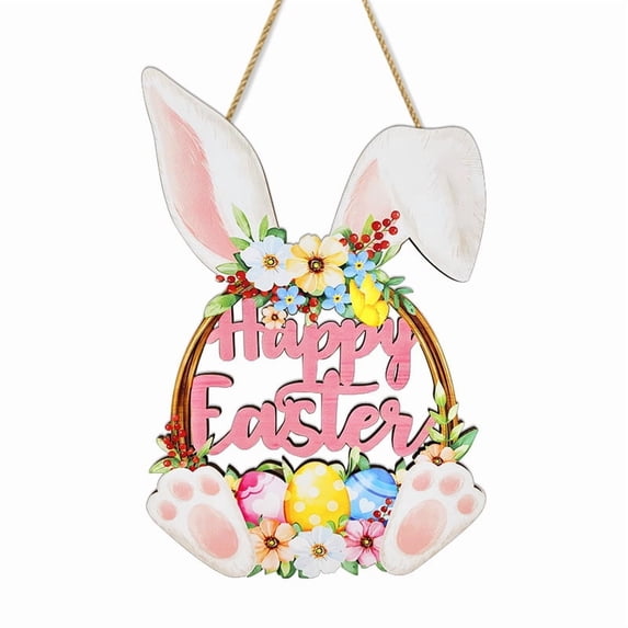 Wooden Easter Decoration Door Wreath for Front Door Sign Wall Signs Rabbit Spring Decoration, Hollow Bunny Sign Flower Egg Welcome Hanging for Home Wall Decor Party Outdoor indoor Supply Happy Easter