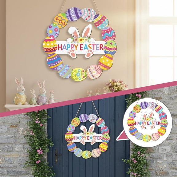 Wooden Easter Decoration Door Wreath for Front Door Sign Wall Signs Rabbit Spring Decoration, Hollow Bunny Sign Flower Egg Welcome Hanging for Home Wall Decor