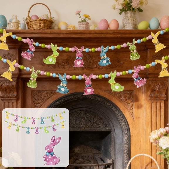 Wooden Easter Egg Garland Bunny Hanging Ornament Fireplace Mantle Decoration Home Decor Spring Festival Party Wall Door Window Hanging Props Seasonal Ornament Display Accent Decor