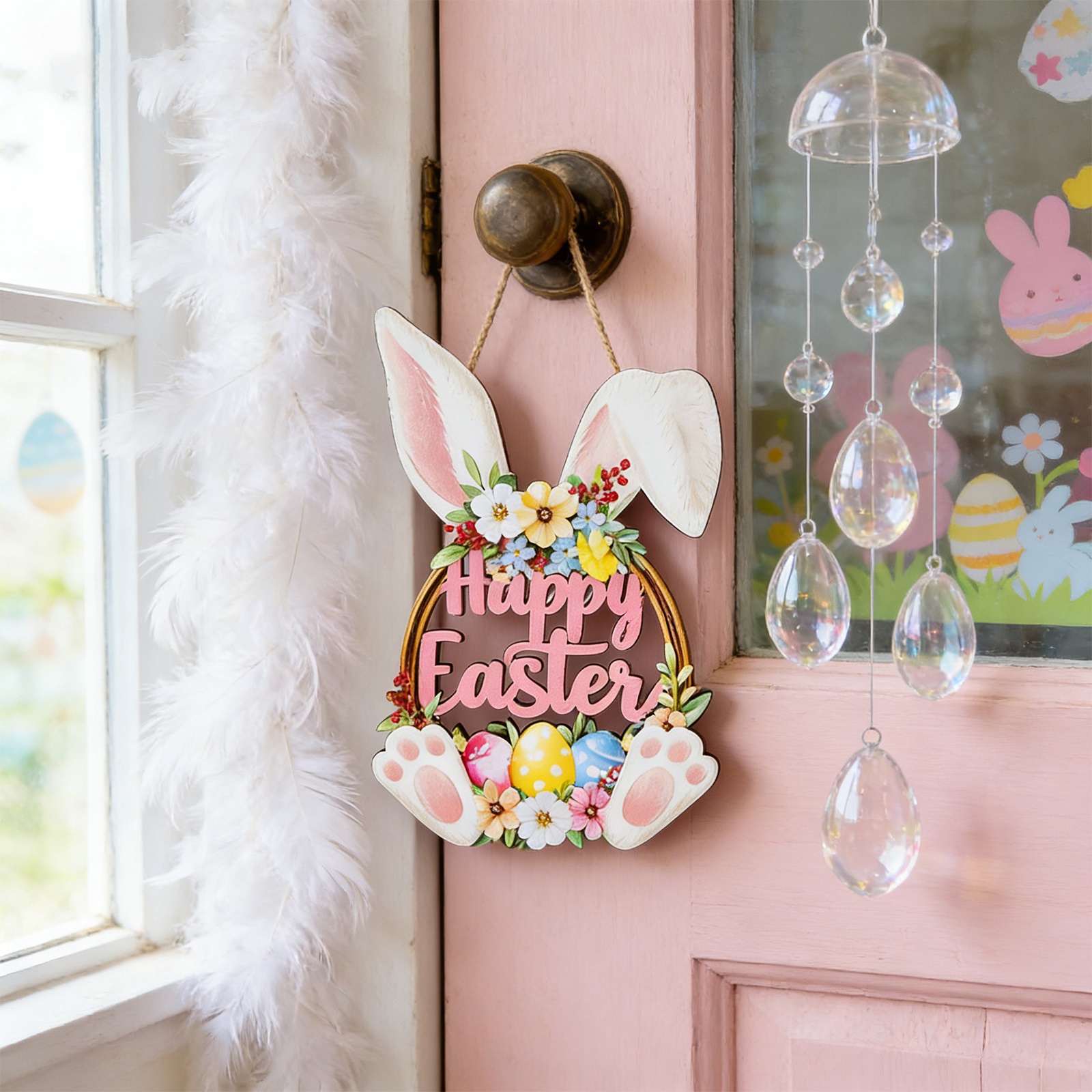 Wooden Easter Hanging Welcome Sign, 9.84 inch Bunny Wreath Door Sign ...