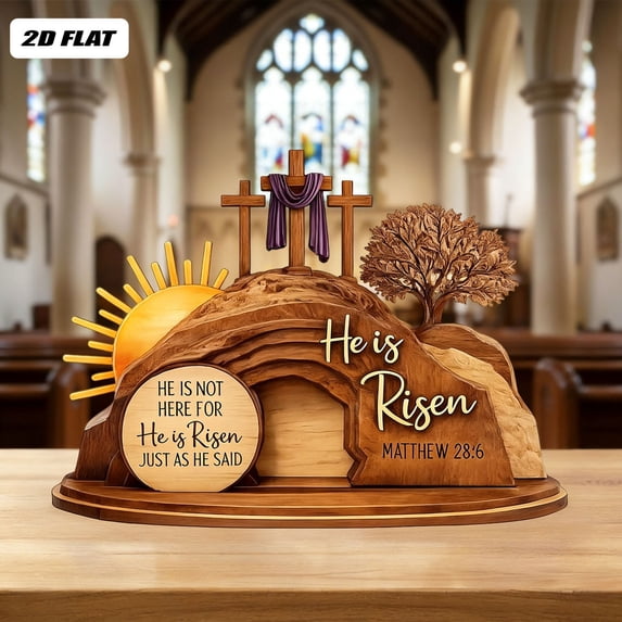 Wooden Easter Ornament with Scripture – 2D Hollow Design Depicting Resurrection Scene, Tabletop Display for Home Décor, Christian Religious Gift