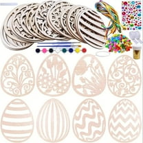 Wooden Easter Ornaments Decorations DIY Easter Craft Kits Assorted Paintable Unfinished Wood Laser Cut Easter Egg Ornaments Pom-poms for Kids Easter Spring Classroom Home Activity Art Project