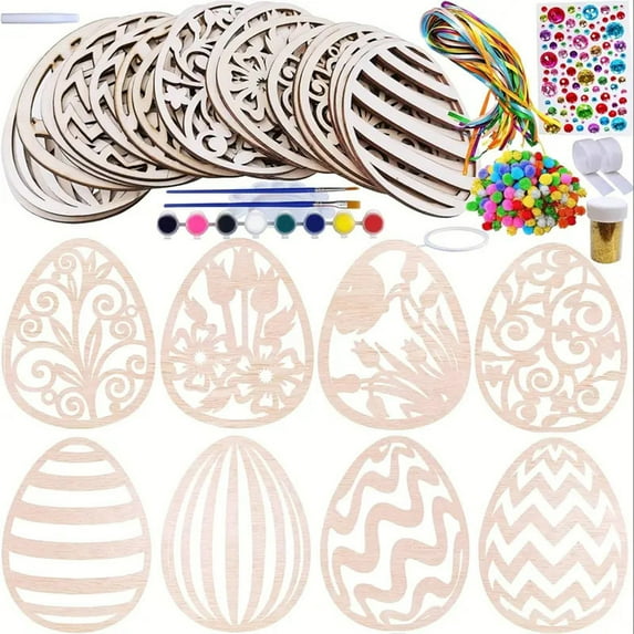 Wooden Easter Ornaments Decorations DIY Easter Craft Kits Assorted Paintable Unfinished Wood Laser Cut Easter Egg Ornaments Pom-poms for Kids Easter Spring Classroom Home Activity Art Project