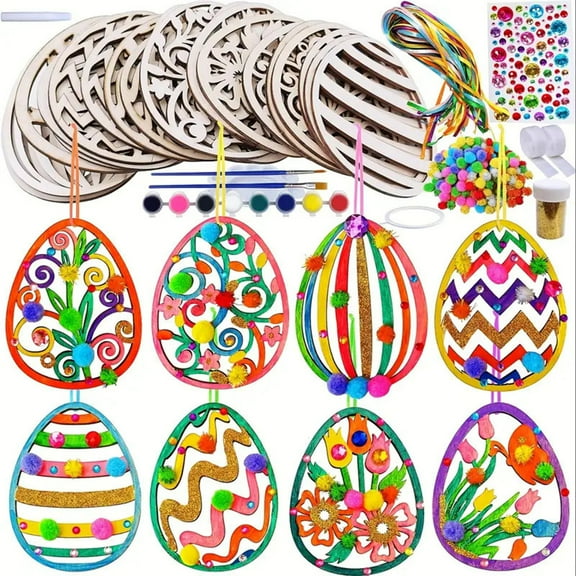 Wooden Easter Ornaments Decorations,DIY Easter Craft Kits,Paintable Hallow Easter Egg Ornaments Pom-poms for Kids Easter Spring,Hanging Decorations Happy Easter Hallow Egg Rabbit Butterfly Flower