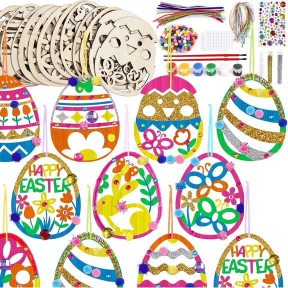 Wooden Easter Ornaments Decorations, DIY Easter Wood Craft Kits Assorted Paintable Unfinished Wood Pendants with Pom-poms Glitter and Pipe Cleaners for Spring Classroom Home Activity Art Project