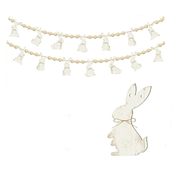 Wooden Easter Rabbit & Bead Hanging Garlands, Beige Distressed Wood Bunny Ornament Strings with Rustic Wooden Beads, Festive Hanging decor for Fireplace Mantels, Home Walls,