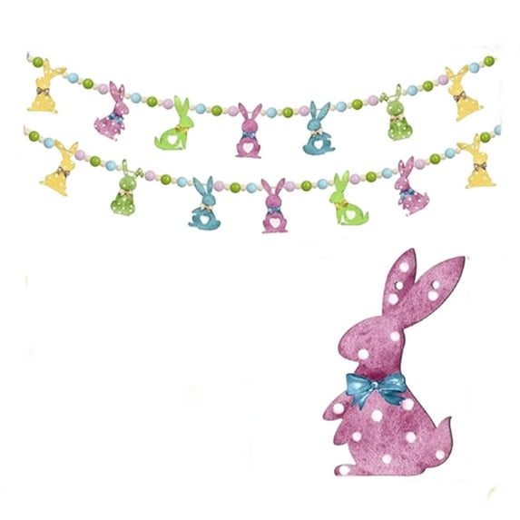 Wooden Easter Rabbit & Beaded Hanging Garlands, Glittered Polka-Dot Bunny Ornaments with Colorful Bead Strands, for Fireplace Mantels, Home Walls, Spring Party Tables and Easter
