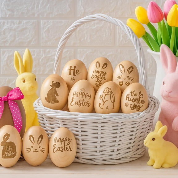Wooden Easter Resurrection Eggs, 10-Piece Laser Engraved Vintage Style Fake Eggs In Natural Wood Color For Christian Craft, Basket Stuffers, Table Centerpiece Home Decor
