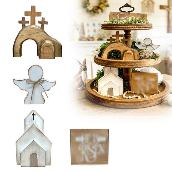 Wooden Easter Tiered Tray Decor with Empty Tomb and Cross, Religious Table Display Set