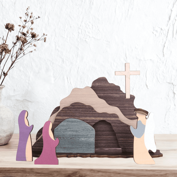 Wooden Easter Tomb Scene for Christian Decoration, Empty Tomb Set with Cross, Figurines for Easter Decor, Jesus Resurrection Scene for Religious Display,Home Office Tabletop Tray,Church,Shelf Decor