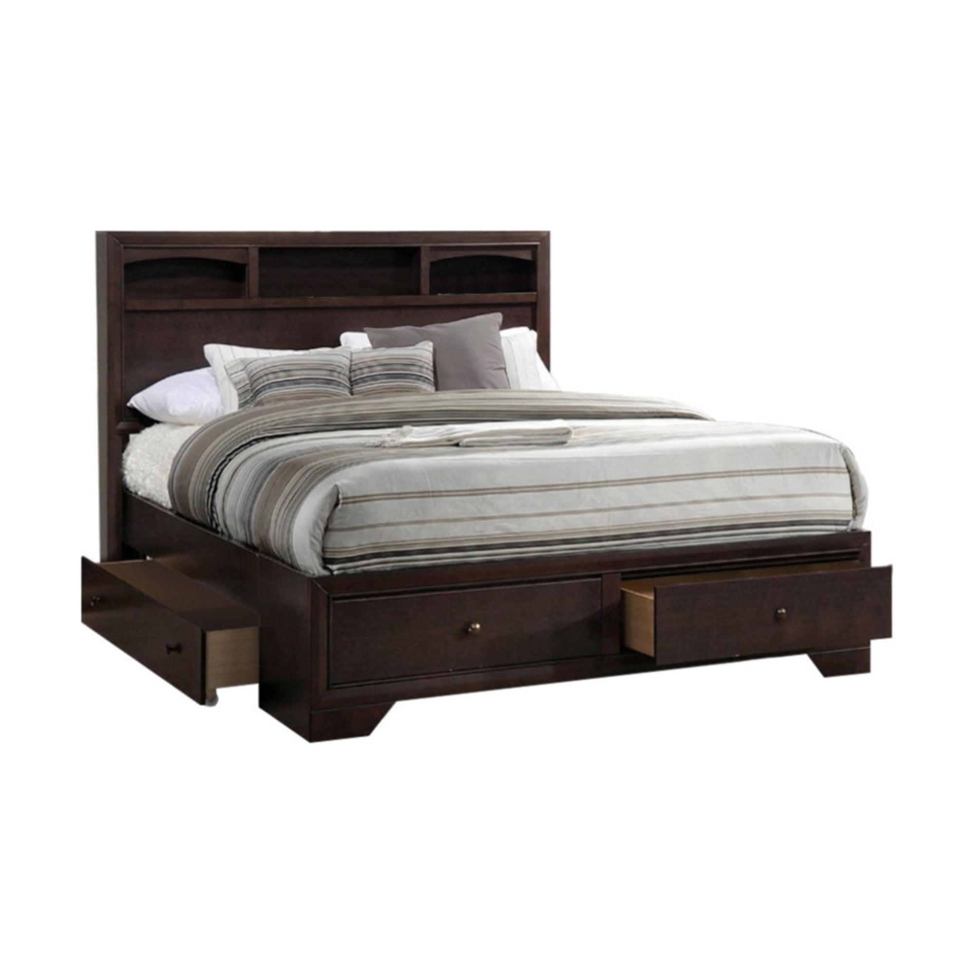 Wooden Eastern King Bed With Display Shelves and Under Bed Drawers, Dark Brown