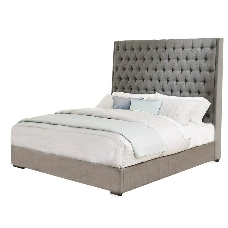 Wooden Eastern King Size Bed with Diamond Button Tufted Details