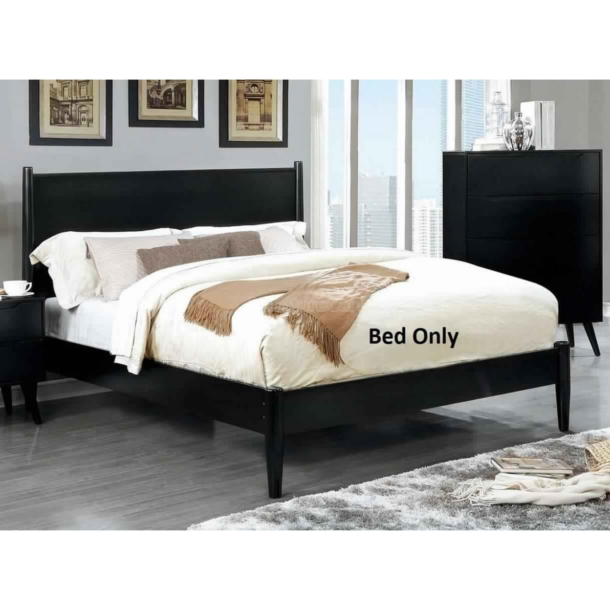 Wooden Eastern King Size Bed with Panel Headboard Black - Saltoro Sherpi