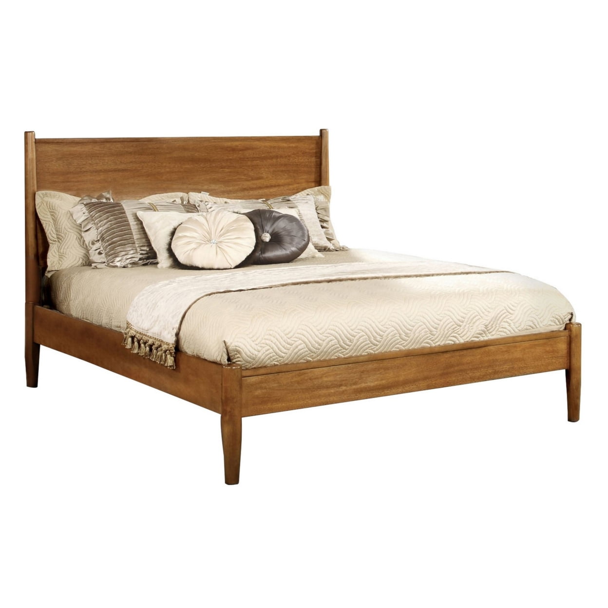Wooden Eastern King Size Bed with Panel Headboard Oak Brown - Saltoro Sherpi
