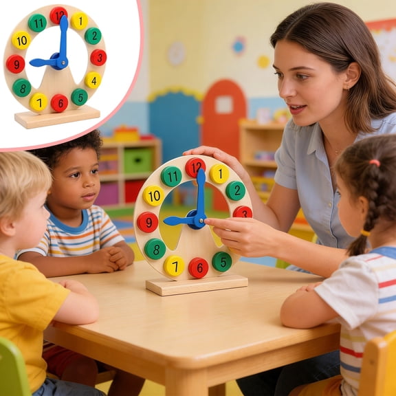 Wooden Educational Clock for Kids Montessori Classroom Home School Learning Aid Wood Construction with Colorful Design