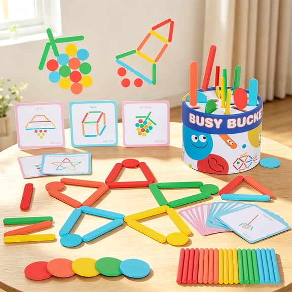 Wooden Educational Color Recognition Busy Bucket Shape Sorting Stacking Toy with Flash Cards