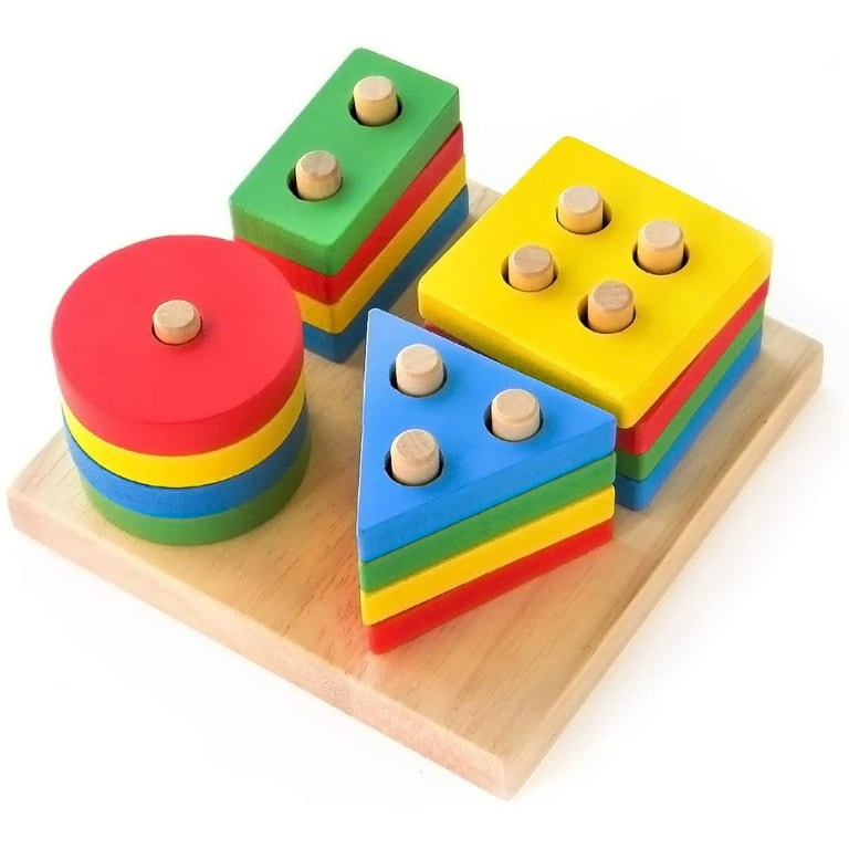 Wooden Educational Preschool Toddler Toys for 1 2 3 4 5 Year Old Boys Girls Gifts Shape Color Recognition Geometric Board Blocks Stack Sort Chunky