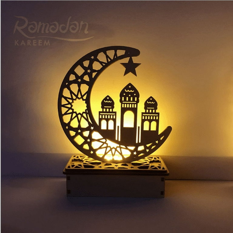 Wooden Eid Mubarak Ramadan Ornament Muslim Islamic Gift DIY Home Party Decor  Ramadan Eid Wooden LED Lights Moon Star Islam 