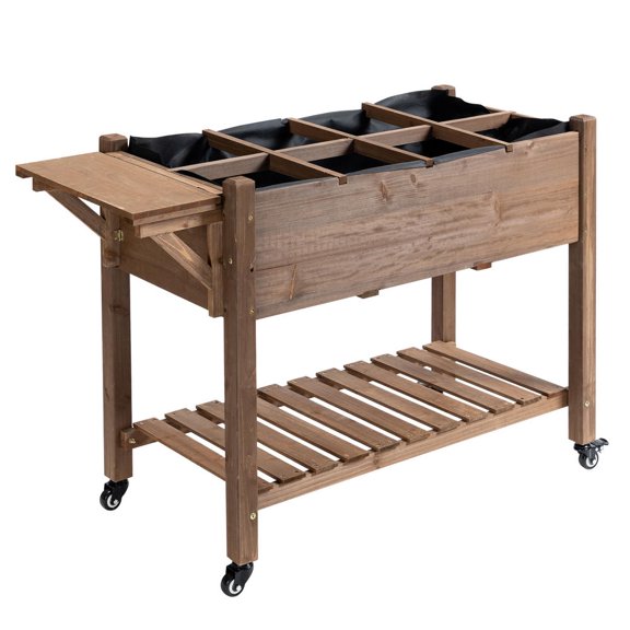 Wooden Elevated Garden Planter Box, 34.25" H with 8 Planting Pockets & Lockable Wheels, Foldable Side Clapboard & Self-Draining Design for Herbs, Vegetables & Flowers, Brown