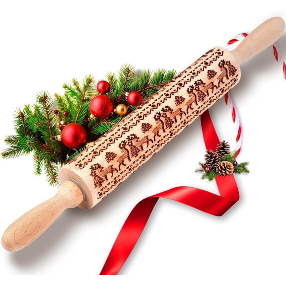 Wooden Embossed Rolling Pin for Baking, Deep Engraved Kitchen Tools with Christmas Elk Deer Pattern Designs for Baking Cookies Stamps Roller(lxf)
