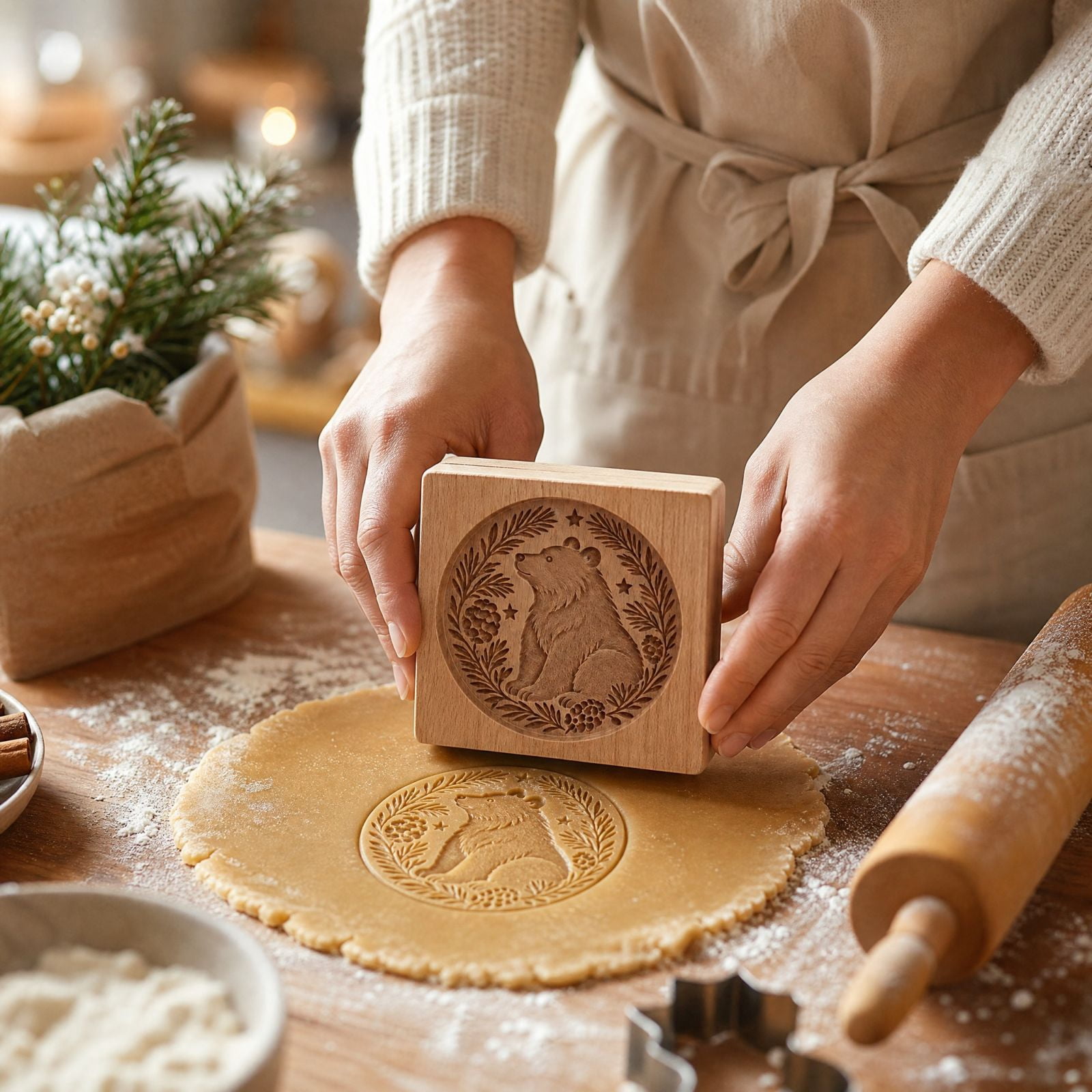 Wooden Embossing Cookie Mold Bear Woodland Pattern Beech Wood Cookie ...