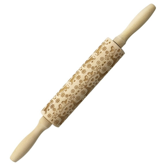 Wooden Embossing Rolling Pin with Christmas Pattern - Embossed Snowflakes and Deer Design Kitchen Tool for Baking, Cake, Fondant, Cookie and Pastry Decoration