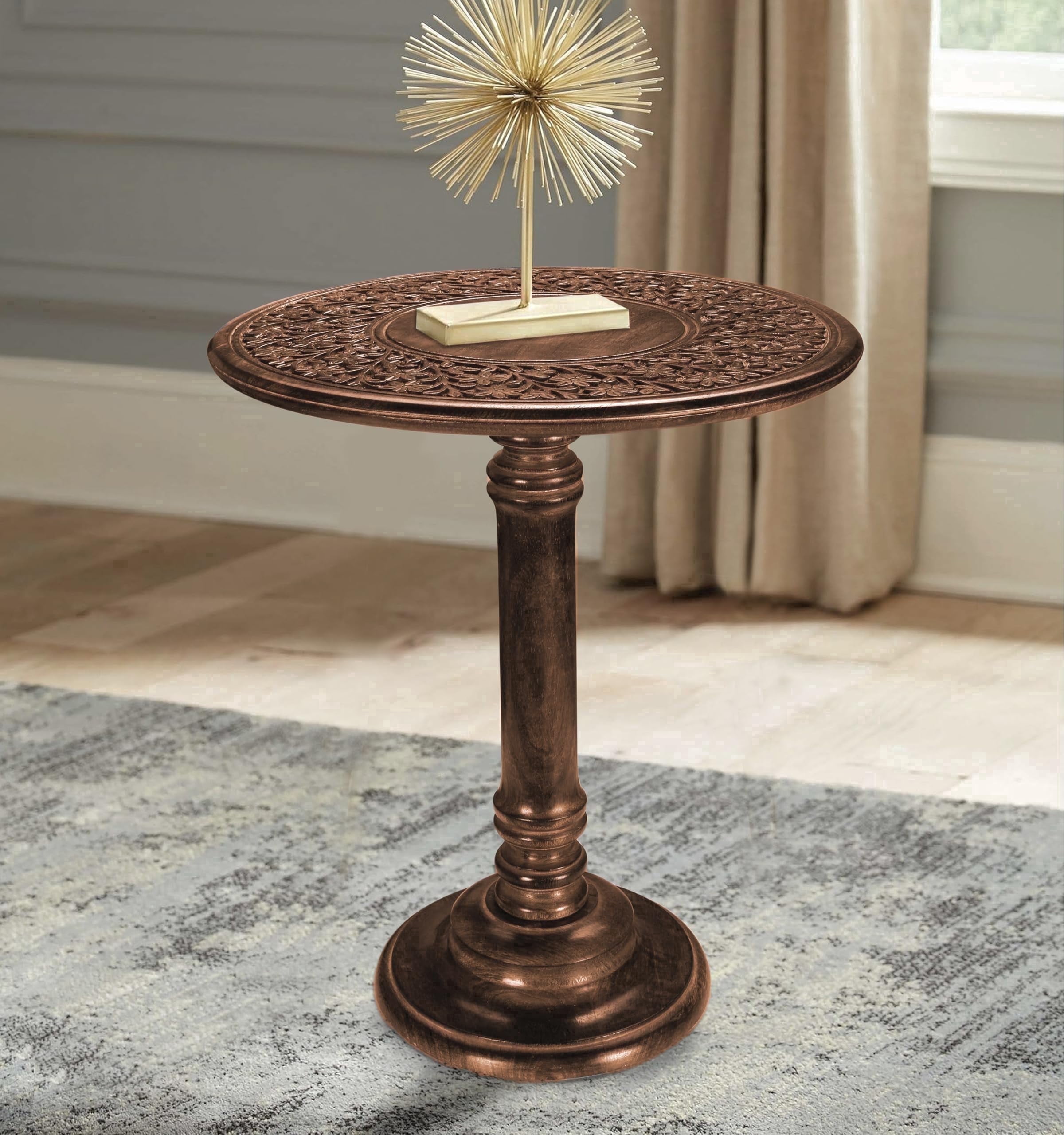 Hand-Carved Wooden End Table with Burnt Finish, 18 x 22 inch Side Table for Living Room & Bedroom Nightstand
