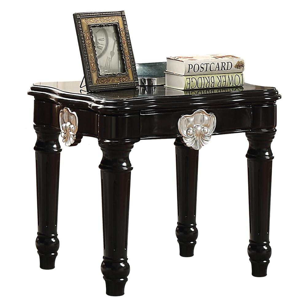 Black Carved Motif Square Wood End Table