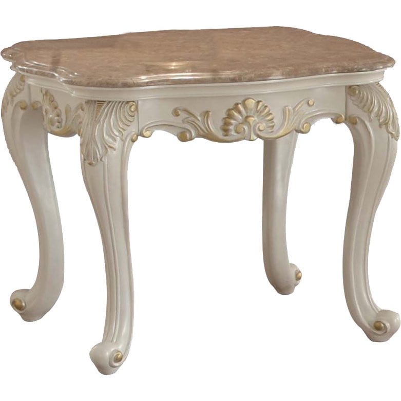 Pearl White and Gold Rectangular Wooden End Table with Marble Top and Storage