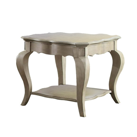 Wooden End Table with Lower Shelf in Antique Taupe Silver Finish - Saltoro Sherpi