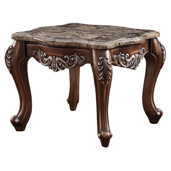 Wooden End Table with Marble Top in Antique Oak Brown - Saltoro Sherpi
