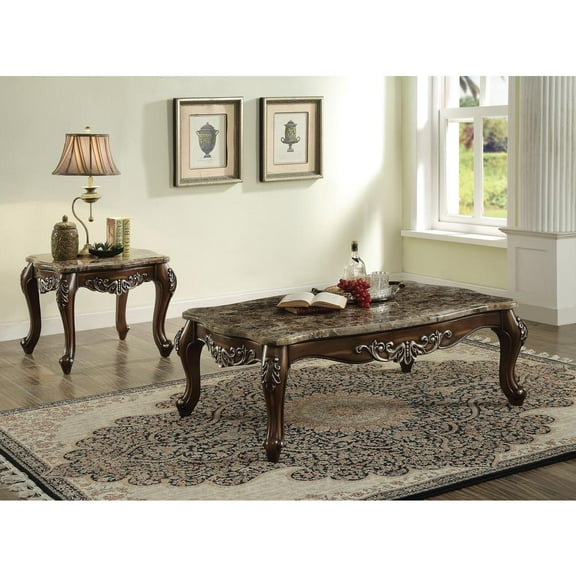 Wooden End Table with Marble Top in Antique Oak Brown - Saltoro Sherpi